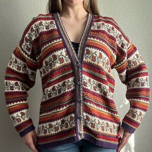 Vtg Colorful Floral Striped Knit Cardigan Sweater Button Up VNeck Oversize Small